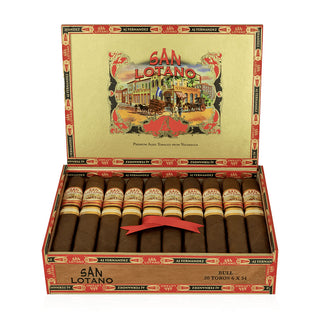Box of San Lotano cigars with decorative design on a white background