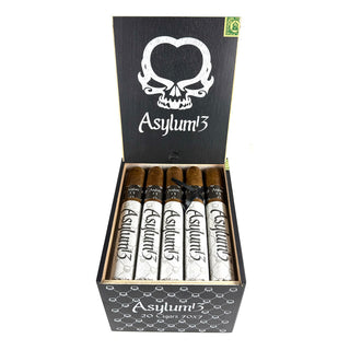 Box of Asylum 13 cigars with skull design on a white background