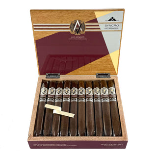 Open wooden box of AVO Syncro Nicaragua cigars on a white background