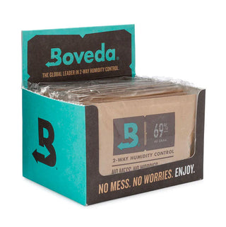 Box of Boveda humidity control packs with teal and brown design.