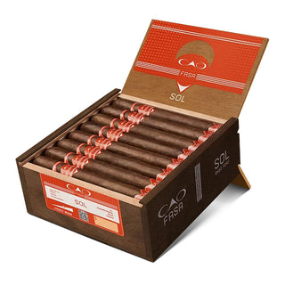 Open box of Cao Fasa Sol cigars on a white background