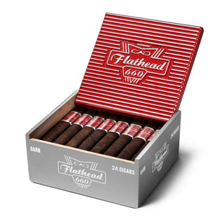 Box of CAO Flathead 660 cigars with red and white striped lid on a white background