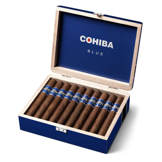 Open Cohiba Blue cigar box with cigars inside on a white background