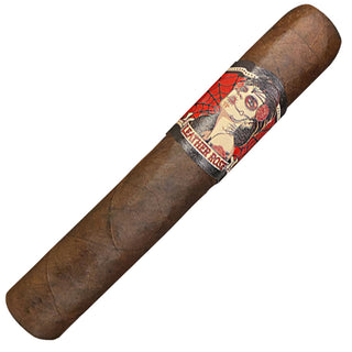 Deadwood Leather Rose cigar with a decorative band featuring an artistic design on a white background