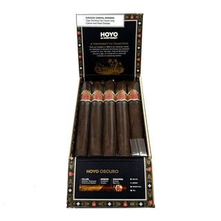Box of Hoyo de Monterrey Oscuro cigars in a display box on a white background