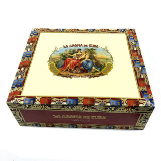 Cigar box with 'La Aroma de Cuba' branding on a white background