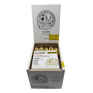 Box of La Gloria Cuban cigars with branding and product details on a white background