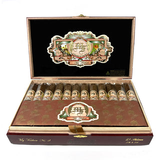 Open wooden box of My Father No. 2 Bellicose cigars on a white background