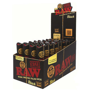 Display of Raw Black Cones packaging on a white background