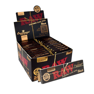 Box of Raw Classic Black rolling papers with visible branding on a white background
