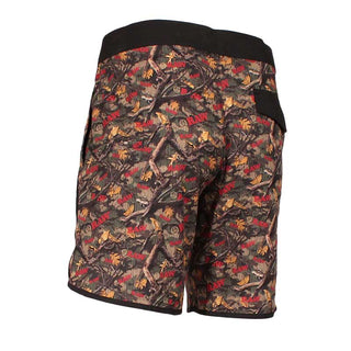 Camouflage-patterned shorts with a brand logo on a white background