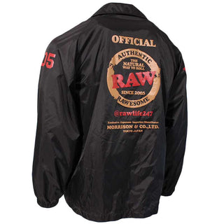 Black jacket with 'RAW' branding on the back against a white background