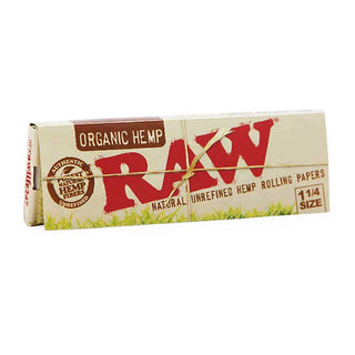 RAW organic hemp rolling papers packaging on a white background