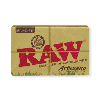 RAW rolling paper packaging with red and black text on a white background