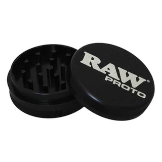 Black grinder with 'RAW PROTO' branding on a white background