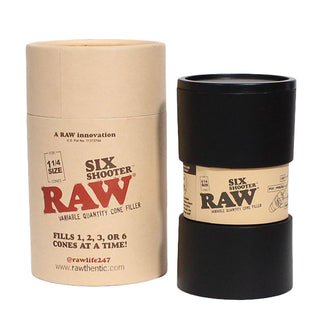 RAW Six Shooter cone filler with packaging on a white background