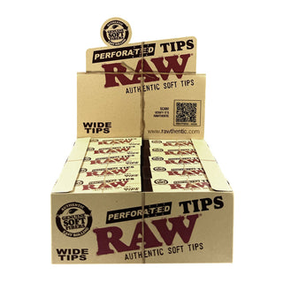 Display box of RAW Perforated Tips with branding and product details.