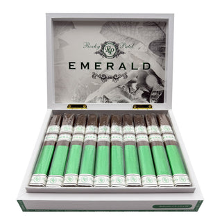 Box of Rocky Patel Emerald cigars on a white background