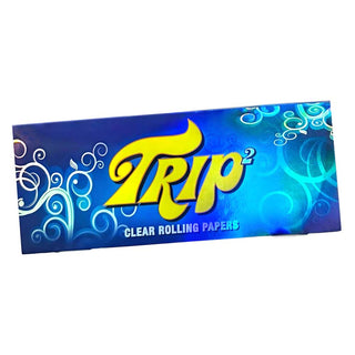 Blue packaging of 'Trip' clear rolling papers with yellow text on a white background