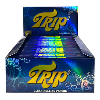 Box of Trip 2 clear rolling papers with blue and yellow design