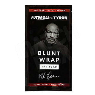 Futurola x Tyson Blunt Wrap packaging with a black and white portrait of Mike Tyson on a dark background.