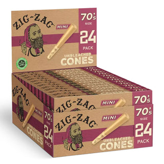 Box of Zig-Zag mini unbleached cones on a white background