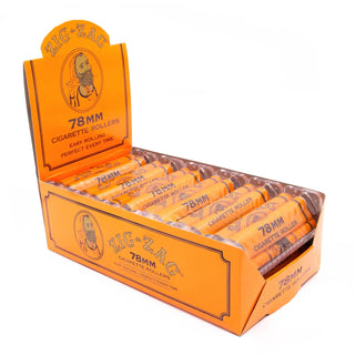 Box of Zig-Zag 78mm rollers with orange packaging on a white background