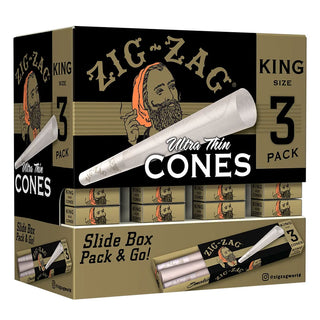 Box of Zig-Zag King Size Ultra Thin Cones with branding and product details.