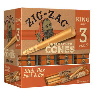 Box of Zig-Zag King Size Unbleached Cones with packaging design.