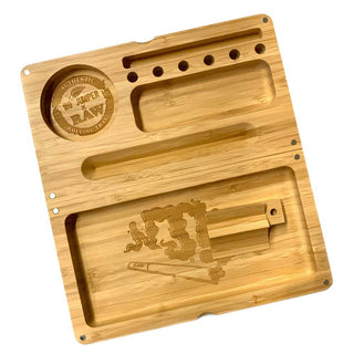 Wooden rolling tray with engraved design on a white background