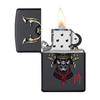 Zippo lighter with samurai design and flame on a white background