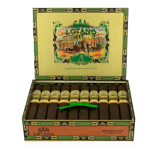 Open box of San Lotano cigars with decorative packaging on a white background