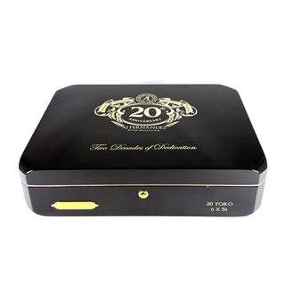 Black cigar box with gold accents and AJ Fernandez 20th Anniversary branding on a white background