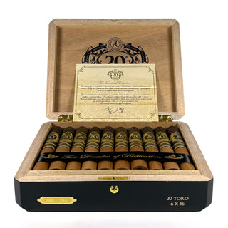 Open AJ Fernandez 20th Anniversary wooden cigar box with cigars inside on a white background