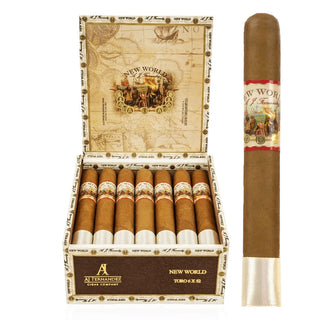 Open box of New World Connecticut cigars with a single cigar displayed on a white background