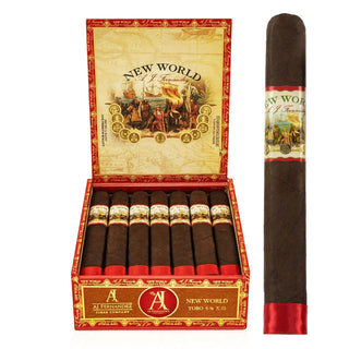 AJ Fernandez New World Oscuro cigar box with cigars and a single cigar displayed on a white background