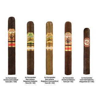 Assortment of cigars from AJ Fernandez on white background.