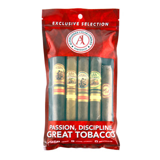 Sampler of cigars with a red wrapper and visible brand logo on a white background