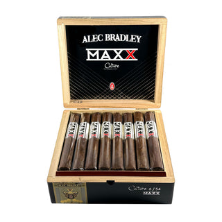Open wooden box of Alec Bradley MAXX cigars on a white background