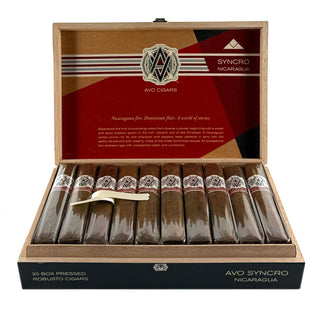 Open box of AVO Syncro Nicaragua cigars with cigars inside on a white background
