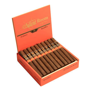 Box of Aging Room Quattro Nicaragua cigars with 'Aging Room' branding on an orange background