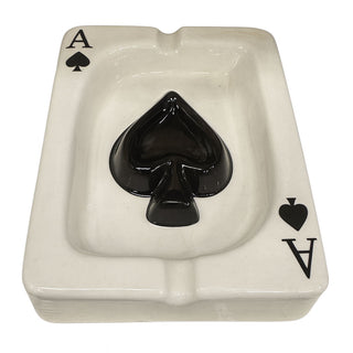 White ceramic ashtray with black spade design and 'A' on a white background