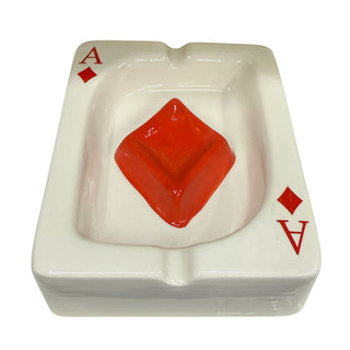 White ashtray with a red diamond and 'A' symbol on a white background