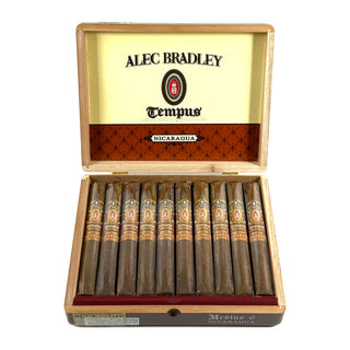 Open wooden box of Alec Bradley Tempus cigars on a white background