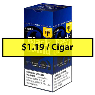 Black & Mild cigar packaging with price tag and warning label on a white background