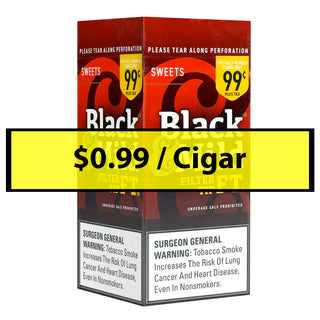 Pack of Black & Black cigars with price and warning label on a white background