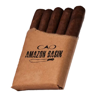 Cigars in a brown paper sleeve with 'CAO Amazon Basin' branding on a white background
