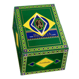 CAO Brazilia cigar box with Brazilian flag design and 'Brasiliana' branding on a white background