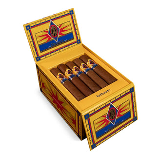Open box of CAO Colombia cigars with decorative lid featuring a logo, on a white background.