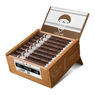 Open wooden box of CAO Fasa Noche cigars on a white background